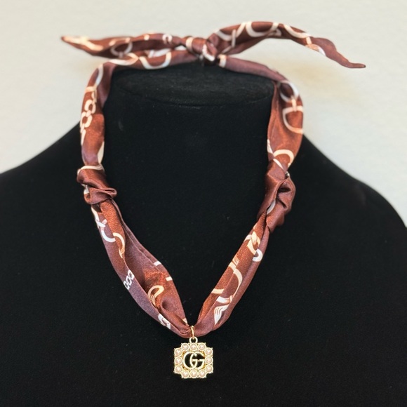 Brown Silk Scarf Necklace with stamped Pendant - Picture 1 of 3